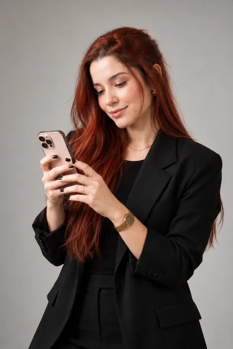 Amanda Tallya de blazer preto olhando para o celular